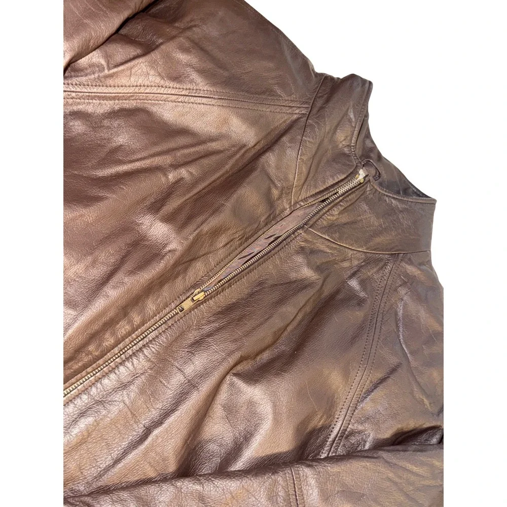 Vintage Spiegel Women 1X Brown Leather Full Zip Jacket with Pockets Draw Strings